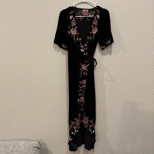 Johnny Was Black Velvet Top Embroidered Floral Wrap Dress
